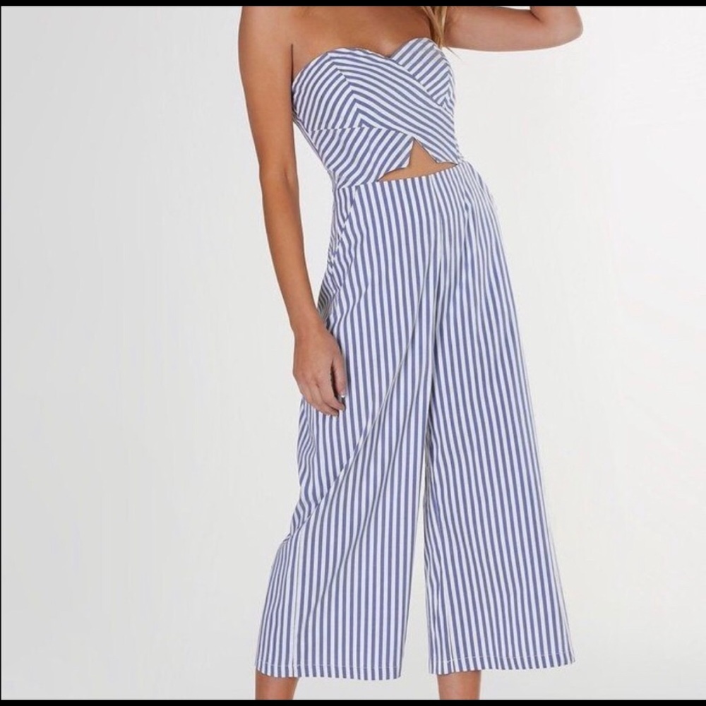 NWTWhite/blue stripe jumpsuit with cut-out detail